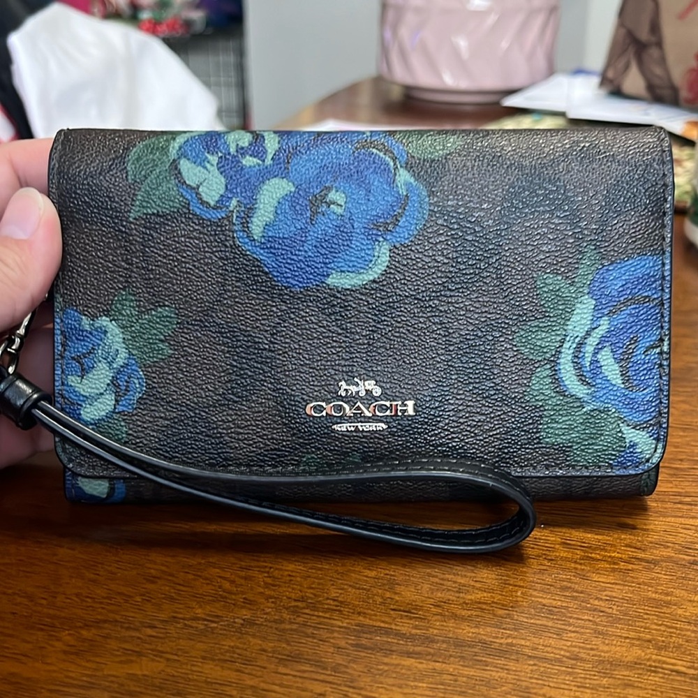 Coach Flap Phone Wallet Brown Signature Canvas with Blue Roses